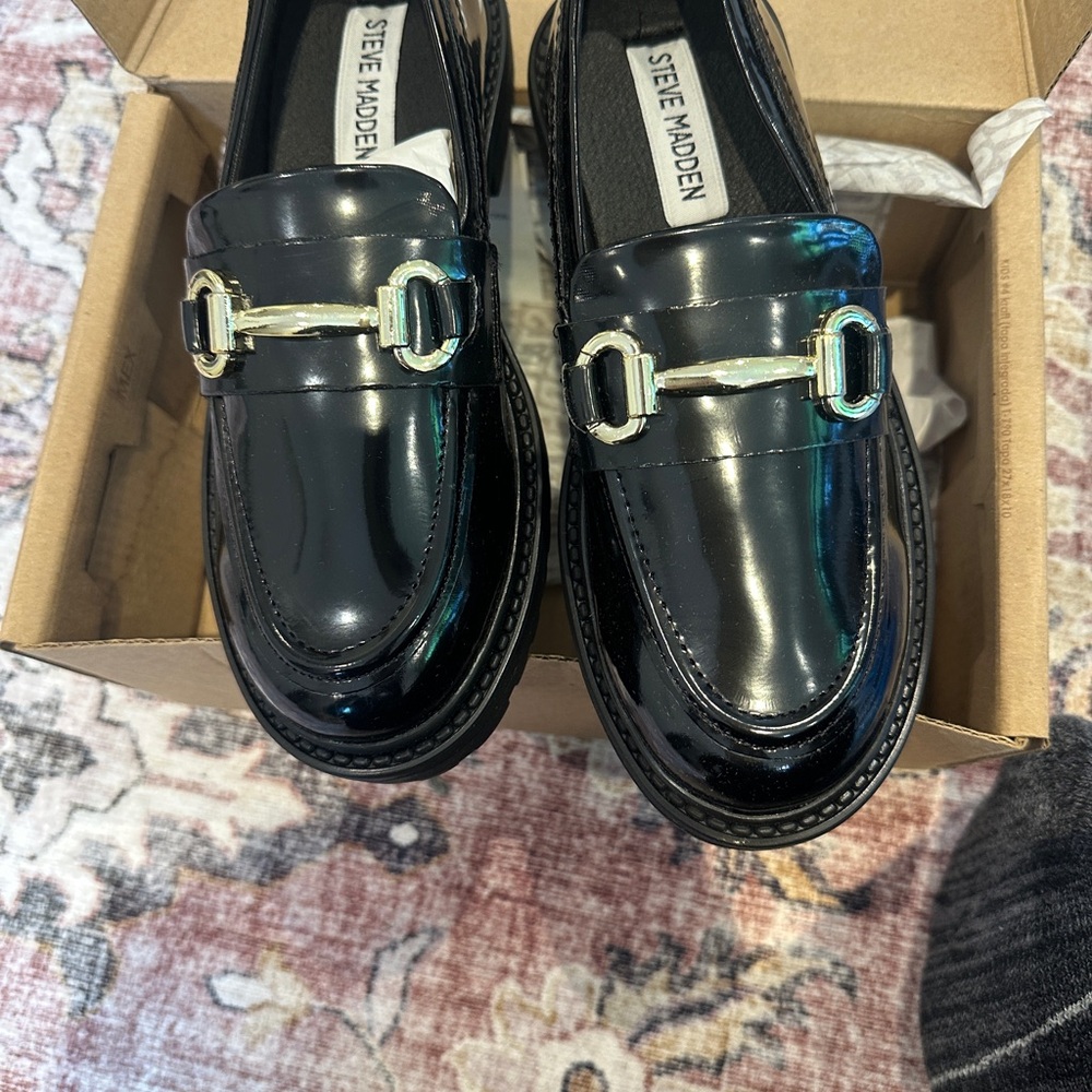 Steve Madden Black Loafers with Gold Buckle